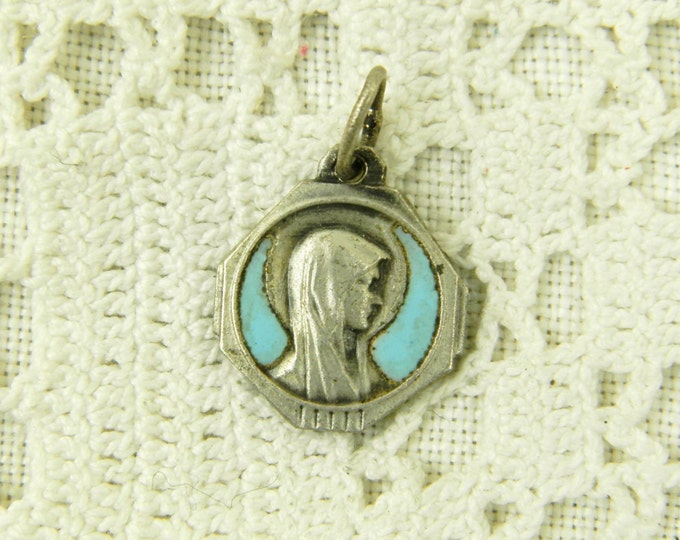 Vintage French Metal Alloy Pale Blue Enamel Religious Medal of the Virgin Mary / Christian Jewelry / Religious Jewellery / Our Lady