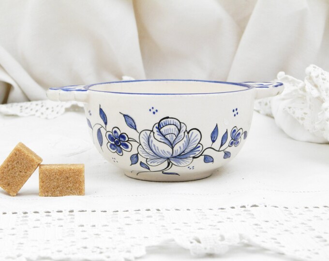 Antique French Farmhouse Ceramic Café au Lait Coffee Bowl with Ears French Country Decor Rustic Vintage Blue Home Interior Retro Floral Rose