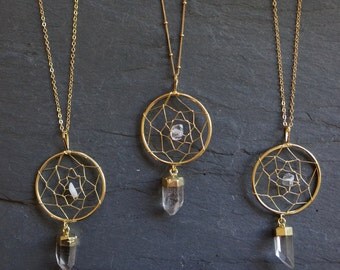 Dream Catcher Necklace // Quartz Necklace // Boho Necklace // Bohemian // Crystal Necklace // Gold Quartz // Raw Quartz