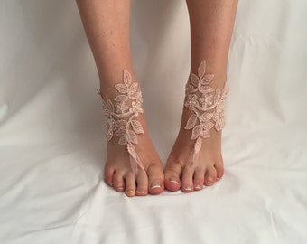 EXPRESS SHIPPING! Powder pink Lace Barefoot Sandals, Beach wedding, Barefoot Sandals, Bridal accessory, Foot jewelry, Wedding shoes