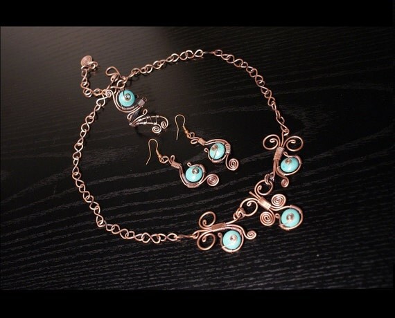 Copper jewelry set-turquoise jewelry set- earring-ring-necklace- wire wrapped jewelry handmade
