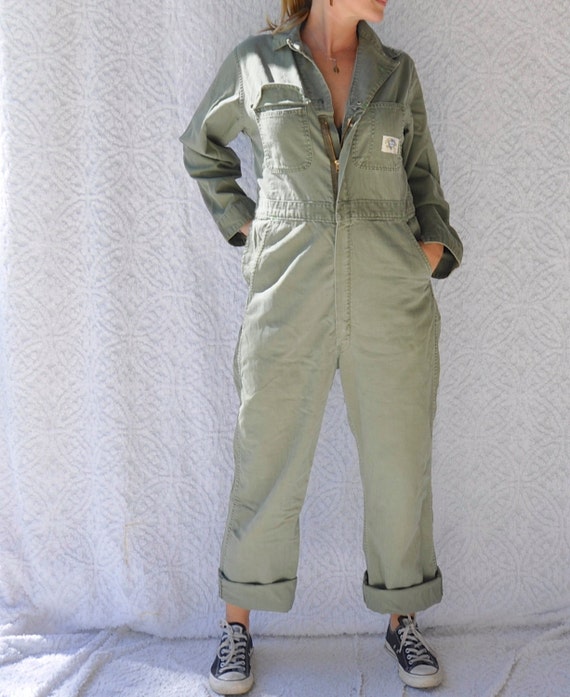 Vintage Green Coveralls Long Sleeve Mechanic Coveralls. 70s