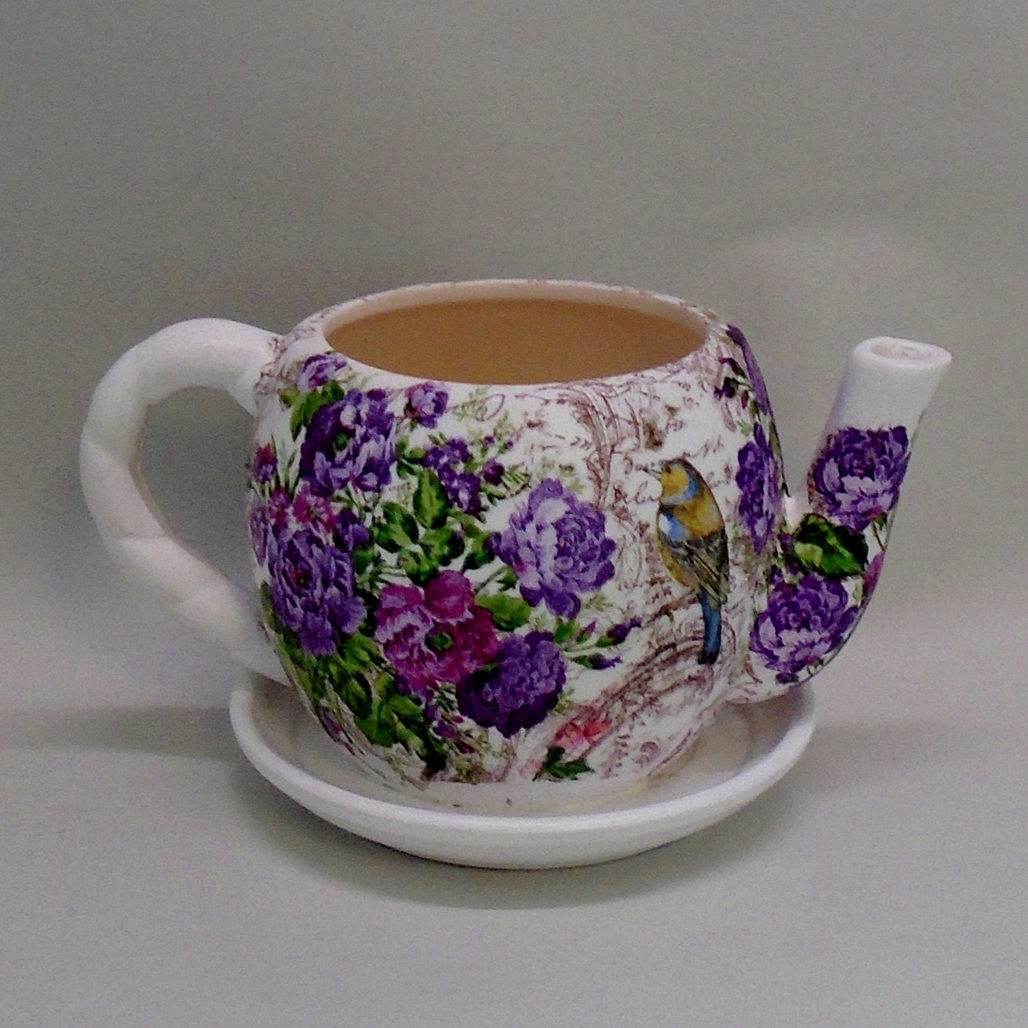 Handmade Decoupage Ceramic Teapot Flower Pot Birds Floral