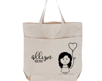 Bridesmaid Canvas Tote Bag with Pockets, Large, Handlettered, Couple Cartoon Characters Portrait Wedding Gift, Custom Natural Utility Tote