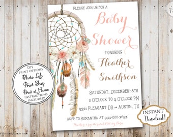 INSTANT DOWNLOAD - Dream Catcher Baby Shower Invitation Boho Bohemian - Watercolor Feather Dreamcatcher Baby Shower - Tribal Aztec - 0332