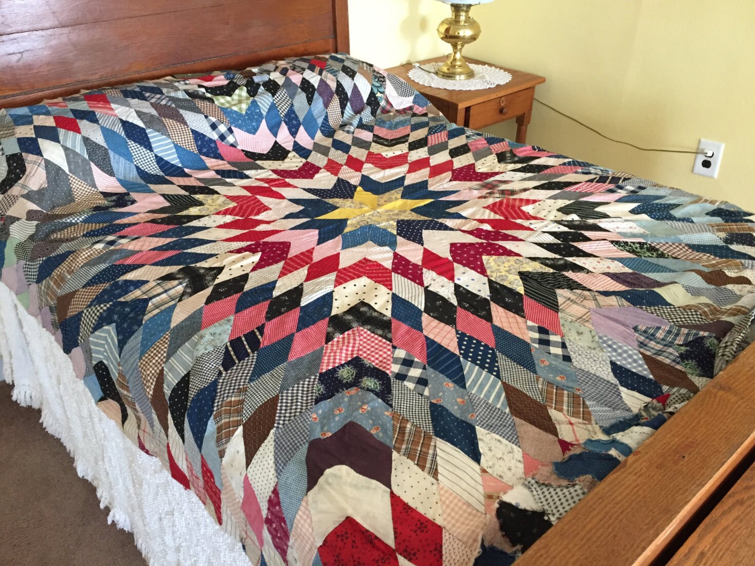 Vintage Lone Star Quilt Top Cotton Prints Woven Fabric Hand