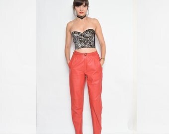 Vintage 80's Red Leather Pants / High Waisted Red Leather Pants/ Tapered Leg Red Leather Pants / Genuine Leather Pants