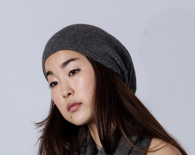 Charcoal slouchy hat / dark gray beanie knit hat woman / alpaca wool slouchy beanie / over sized hat / knit unisex hat gray knitted beanie
