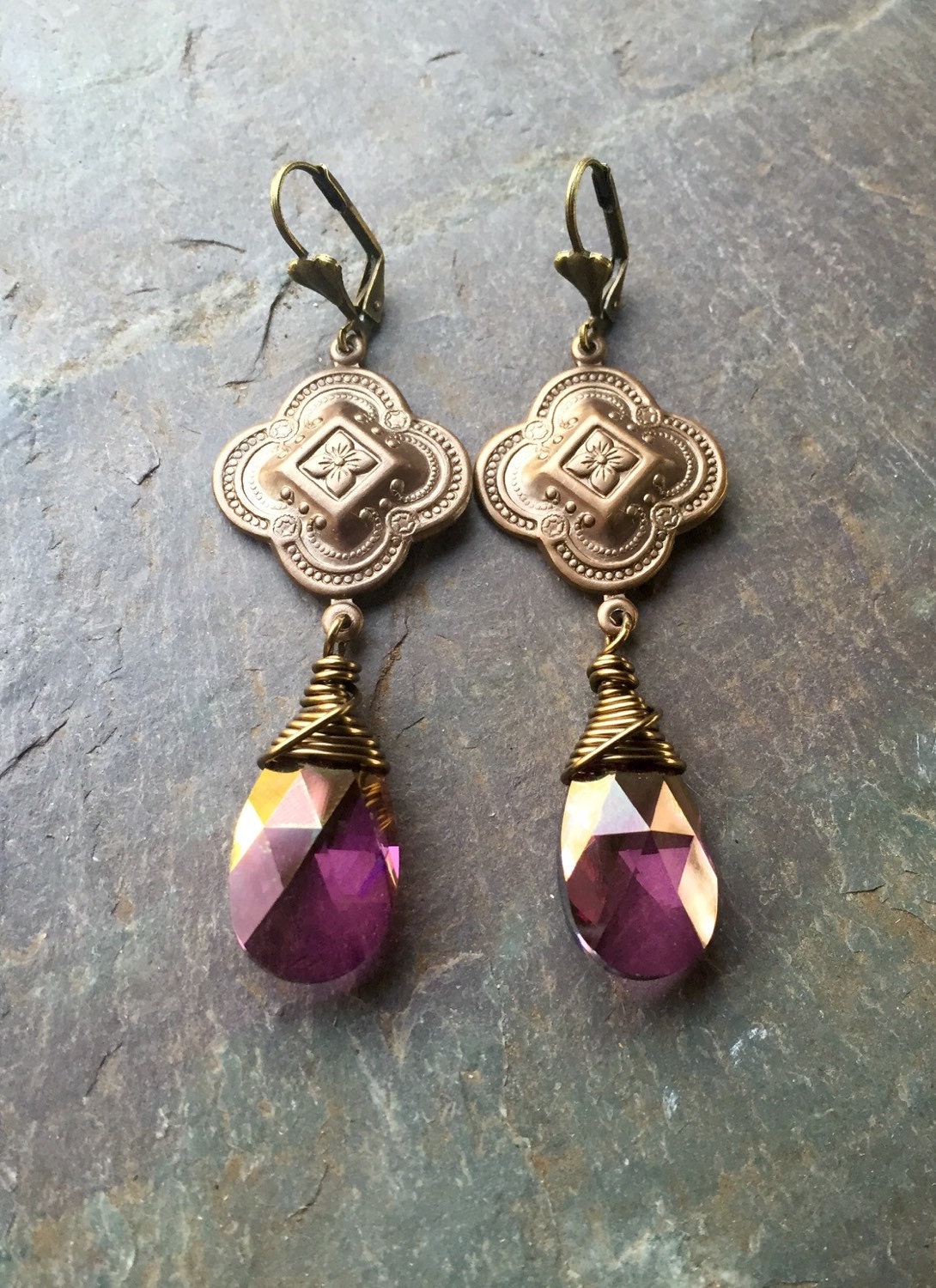 Decorative Brass Dangle Earrings With Wire Wrapped Lilac