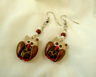 Little owls earrings, Polymer clay animal print leopard brown beige pearl bird wing, Cute forest creature kawaii handmade accessories