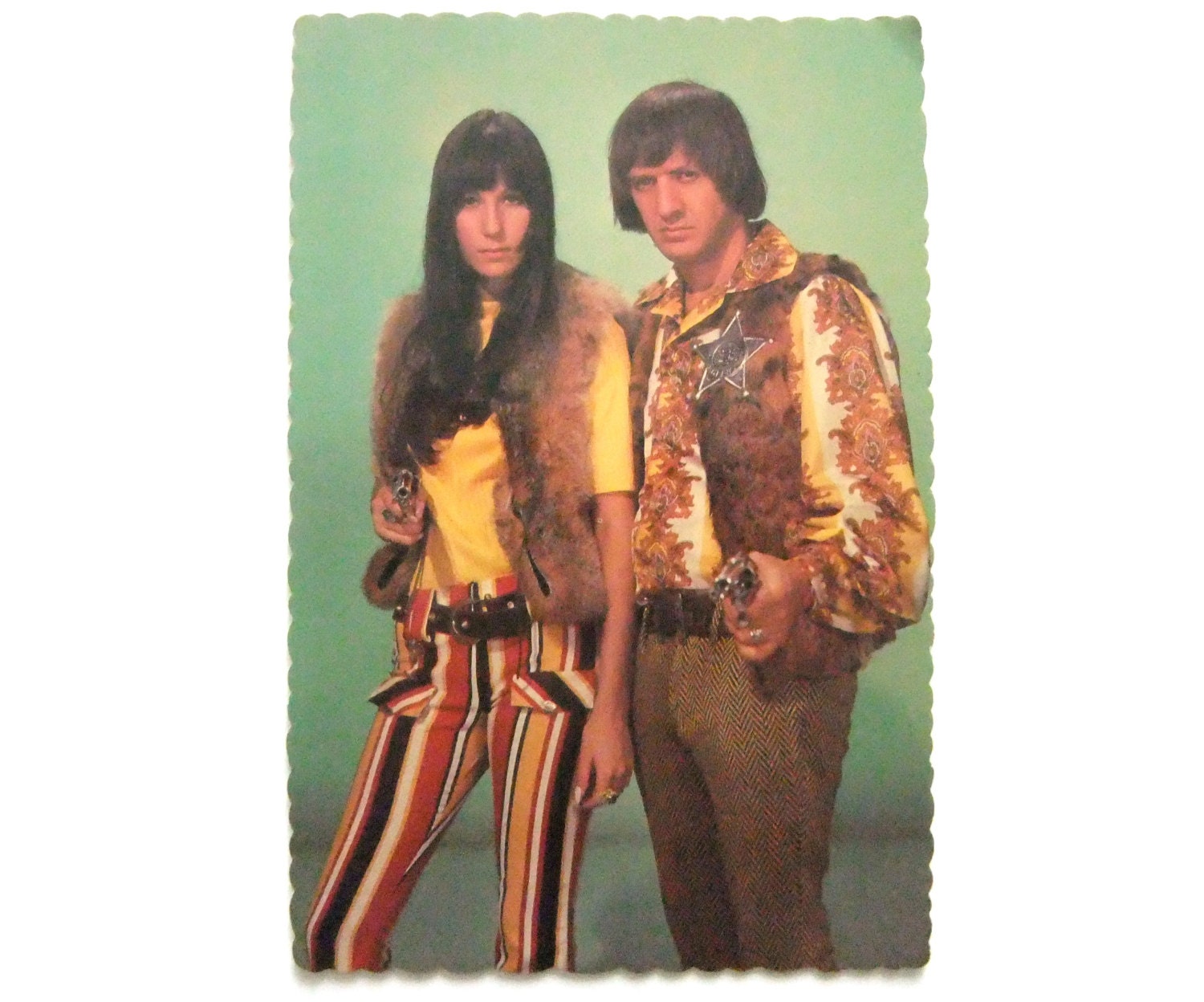 Sonny and Cher Vintage Postcard, Fur Vests, Pistols, Sheriff, Fan Club