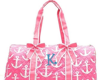 Personalized Anchor Large Quilted Duffel Bag - Pink Monogrammed Embroidered 21" Weekender Cheer Dance Girls Kids