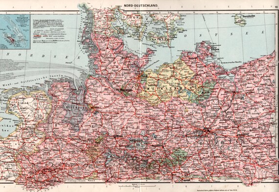 Northern Germany Antique Map Vintage Lithograph Nord