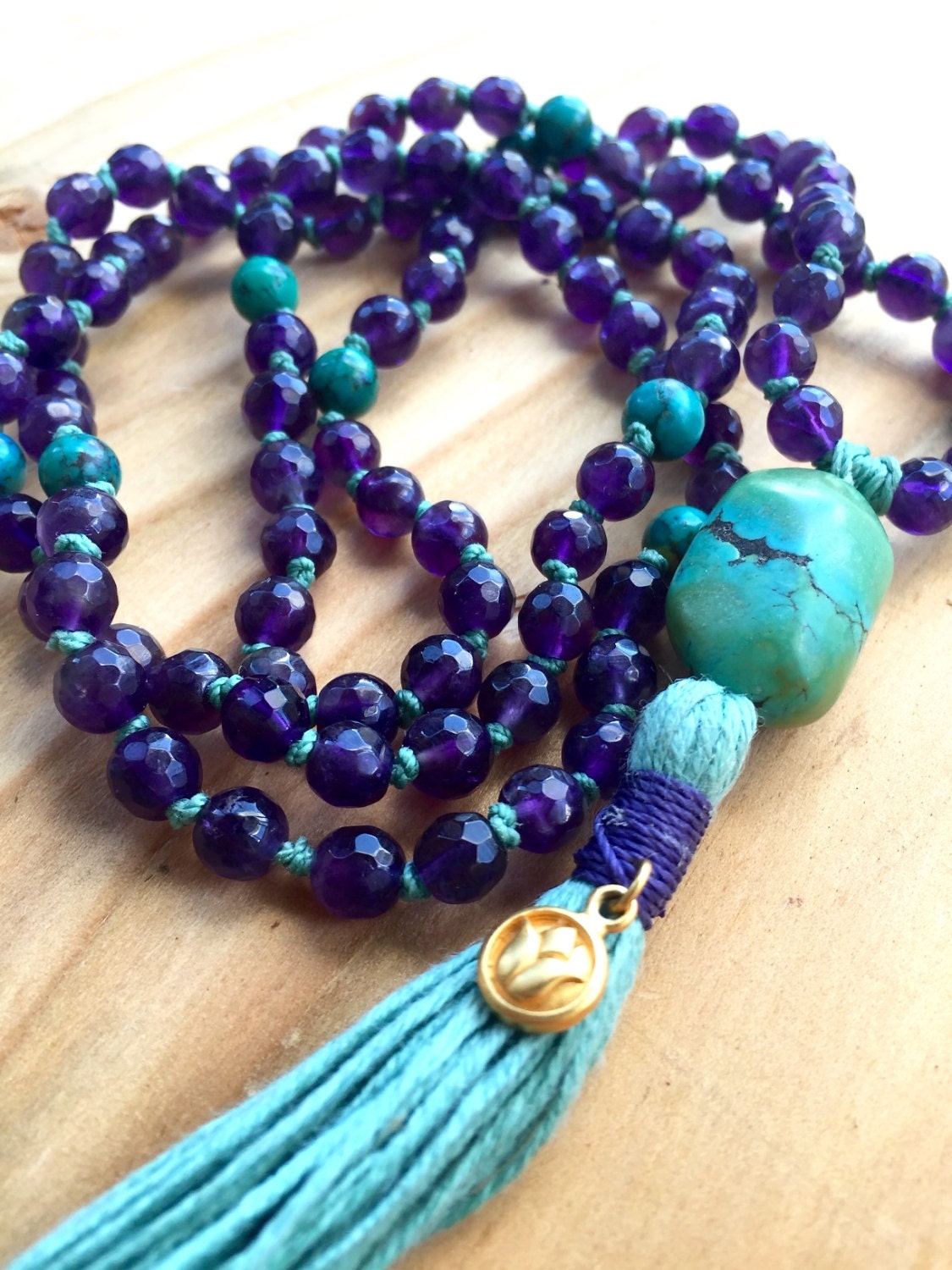 Mala Beads Amethyst and GenuineTurquoise Mala Necklace Gold