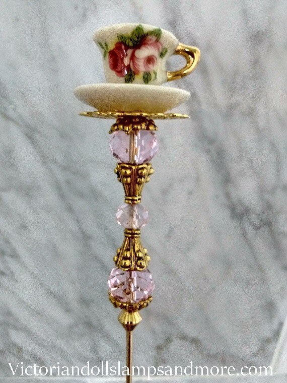 Tea Cup Hat Pin 7 inch gold china paint NEW HAT PIN with
