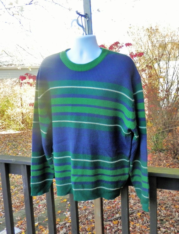 Vintage Oversize Sweater Mens Green & Blue Striped Sweater