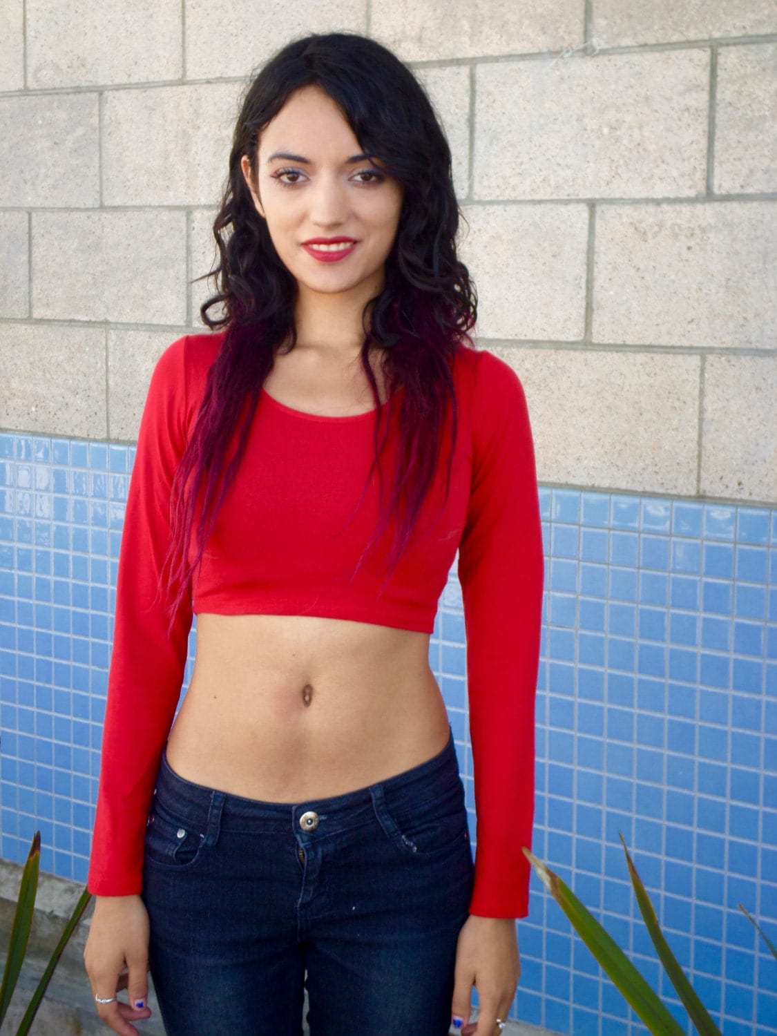 long sleeve red crop top