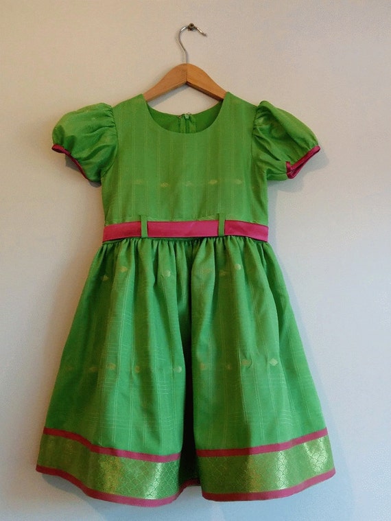 green and pink combination long frock