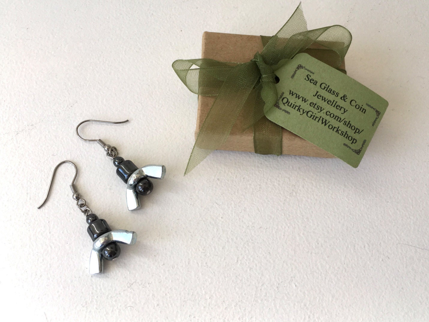 Recycled steel wing nut earrings hematite by