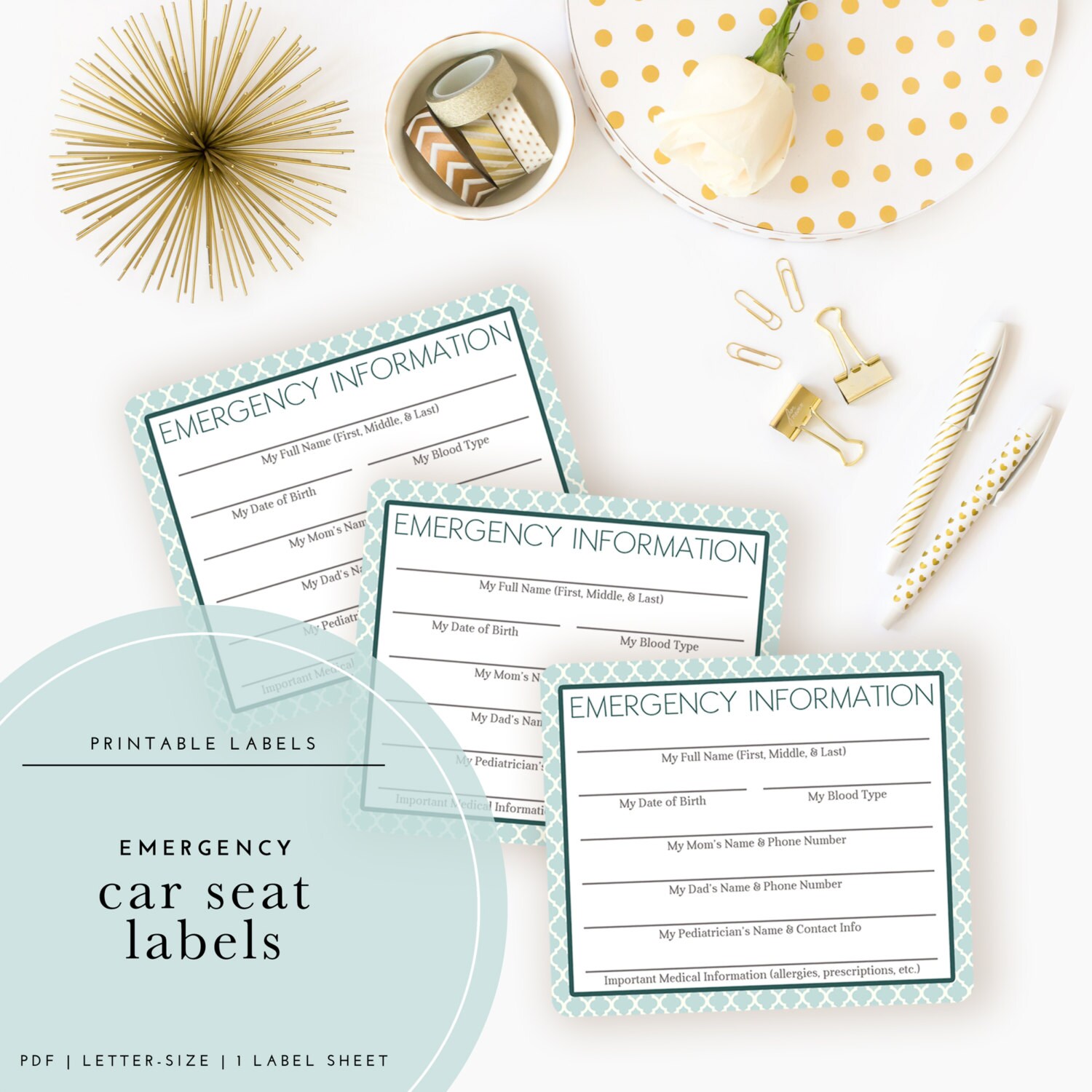 Printable Car Seat Emergency Labels for Baby Infant Toddler