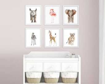 Safari Nursery Art - Nursery Prints - Baby Animal Prints - Childrens Art - Girls Room Wall Art - Boys Room Decor - Watercolor Print Set of 6