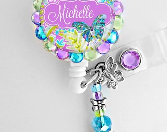 Retractable ID Badge Reel - Personalized bling Badge ID Reel - Medical badge holder -butterfly (E56)
