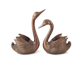 Large Vintage Solid Brass Swan Planters - Pair of Vintage Large Brass Swan Planters - Brass Swan Planter - Hollywood Regency Swan Planters