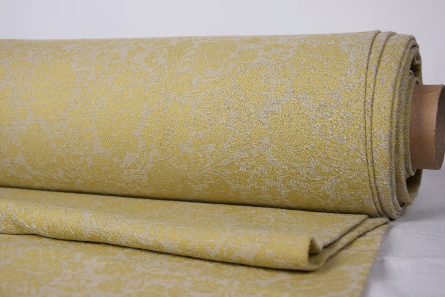 Damask jacquard linen/cotton fabric. 250gsm. Mix of golden