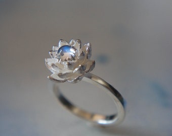 Lotus ring, blue moonstone ring, sterling silver ring, flower ring, engagement ring, proposal ring, promise ring, floral jewelry, romantic