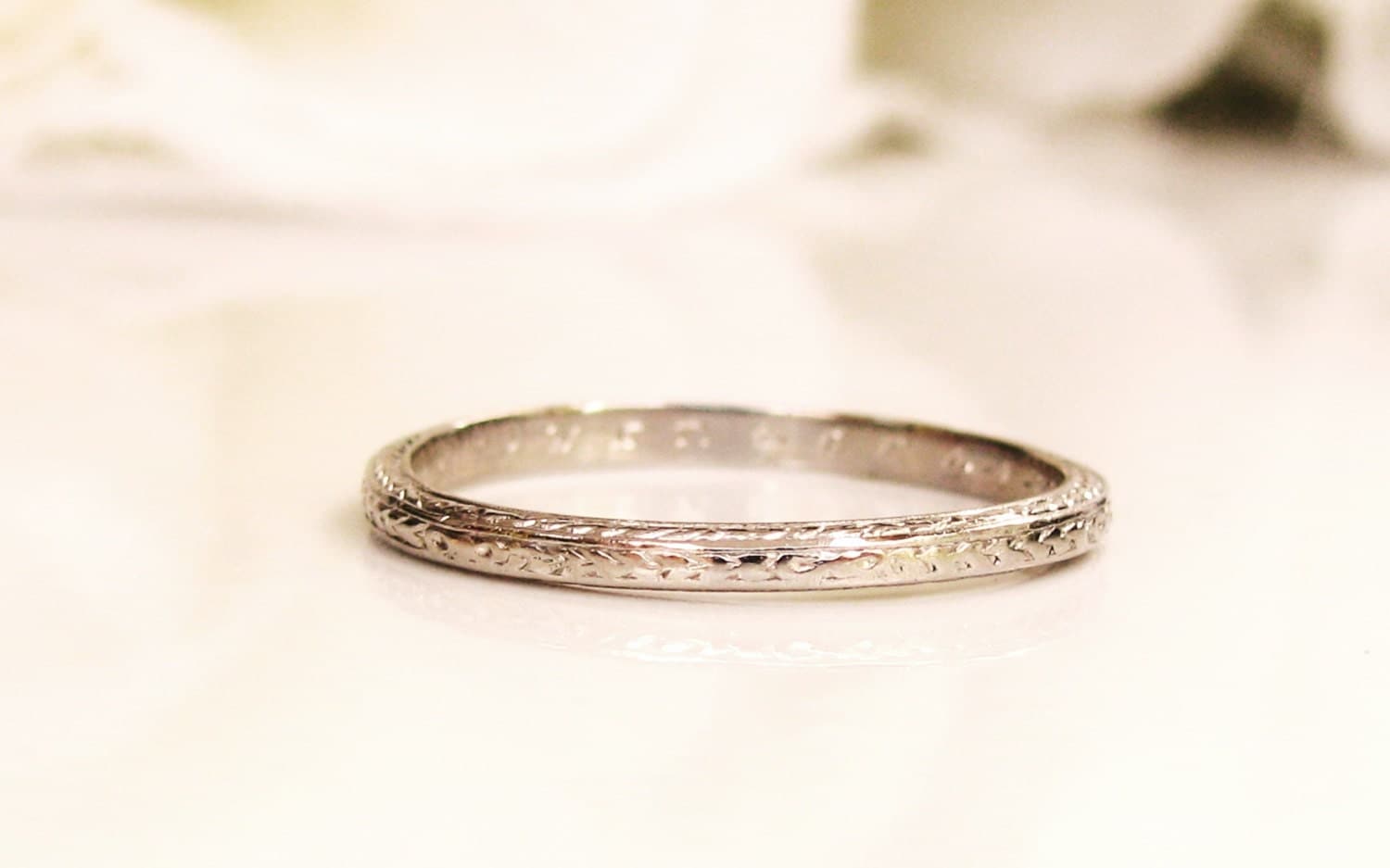  Thin  Platinum  Wedding  Band Art Deco Wedding  Ring  Etched