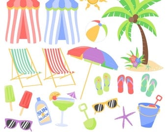 80% OFF SALE Beach Clipart, Tropical Clipart, Summer Clipart, Beach Graphics, Printable, Commercial Use