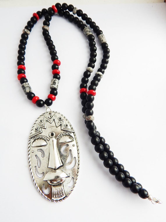 Tribal African Silver Mask Necklace Men Large Beaded Jewelry