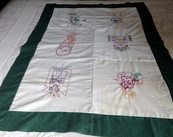 BABY QUILT TOP, Vintage Baby Quilt Top, Embroidered Baby Quilt Top, Green Border with Embroidered Children!