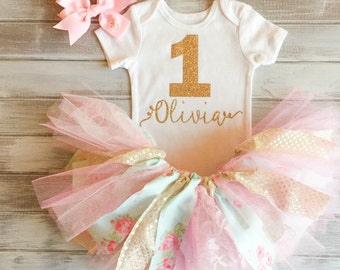 Floral Monogramed Two Tone Pink Baby Blue Gold Baby Girl 1st Birthday Outfit Pink and Gold Baby Girl 1st Birthday Tutu Set Smash Cake