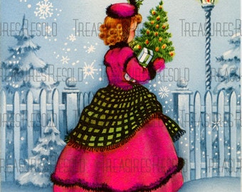 Retro Victorian Girl Carrying A Christmas Tree Presents Christmas Card #493 Digital Download