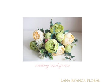 12pcs Vintage Creamy White Green Peony Peonies Silk Flower Silk Flowers for DIY Wedding rustic Bridal Bouquet Boutonniere Corsage home deco