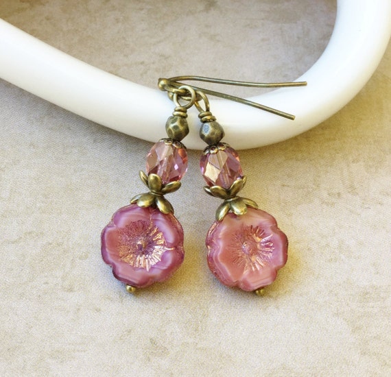 Pink Earrings Rose Earrings Flower Earrings Czech by SmockandStone