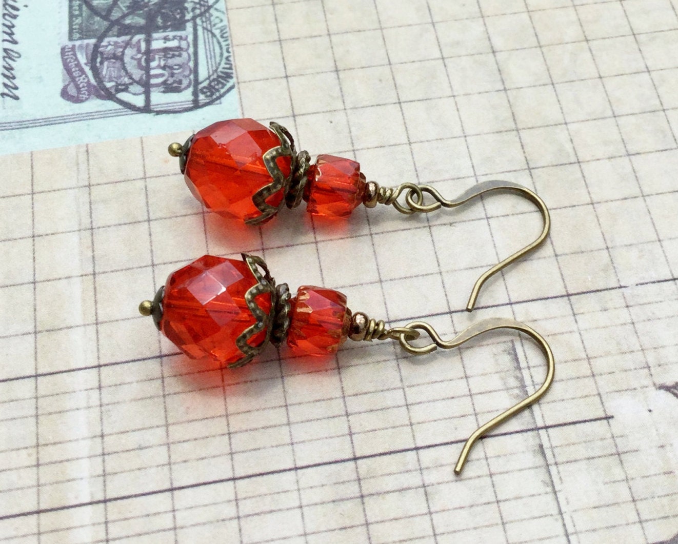 Red Earrings Orange Earrings Victorian Earrings by SmockandStone