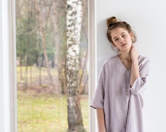 Washed linen KIMONO tunic in ashes of rose / Oversize linen dress / V neckline linen dress in ashes of rose