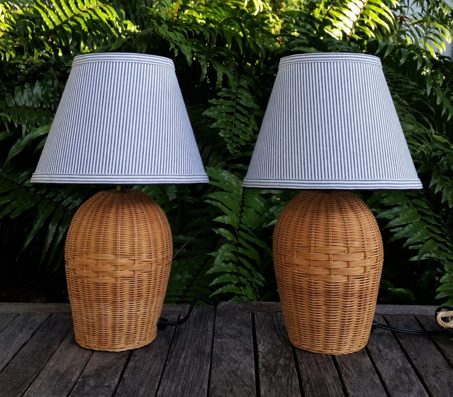 Wicker Lamps Custom Lampshade Blue White Cotton by VeroLampshades
