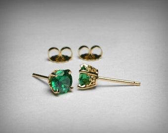 Simulated Emerald Earrings, 14K Yellow Gold, Green CZ Earrings, Green Imitation Emerald Earring Studs, May Birthstone Vintage Style Earring