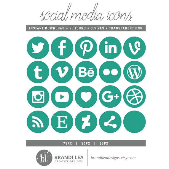 Teal Round Social Media Icons 35 px 50 px 75 px