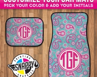 Paisley Monogram Car Mats - Personalized Gift - High Quality Dye Sublimation Printed - Durgan Rubber Bottom - Black Finished Edges