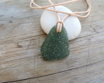 Green Sea Glass Necklace, Mens Leather Necklace, Unisex Necklace, Surf Necklace, Adjustable Necklace, Sea Glass Jewelry, Chokers