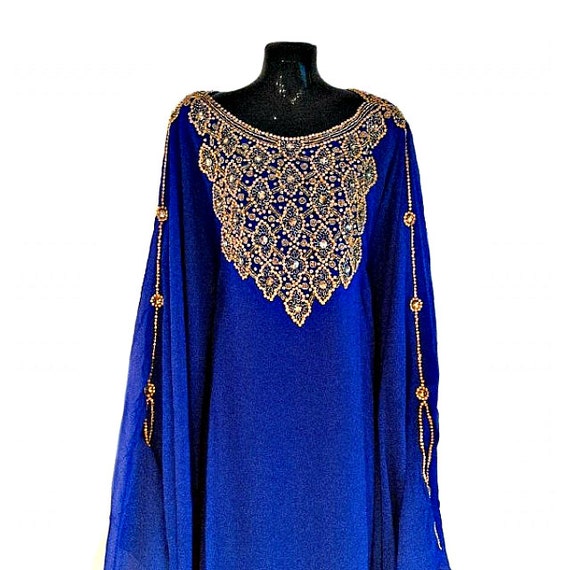 Royal Blue Kaftan Gold Beaded Embellished Caftan Moroccan by Jywal