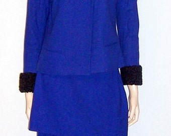 Custom-Made Women's Cobalt Blue Suit Trimmed in Black Persian Lamb