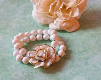 Trifari Poured Milk Glass Bracelet Double Strand "Camelia" Crown Trifari Alfred Philippe 1950s The Wild Vintage Rose