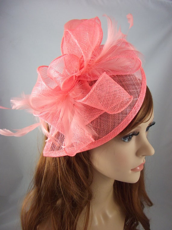Coral Pink Teardrop Sinamay Fascinator with Feathers Wedding