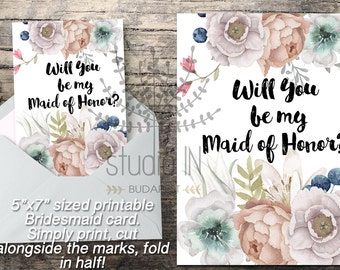 Will You Be My Maid of Honor, Printable Maid of Honor Card, Maid of Honor Proposal Card, DIY wedding printable, Floral Maid of Honor Card