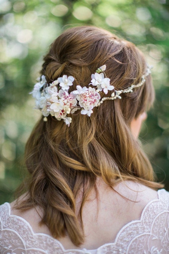 flower hair clip wedding, bridal hair clip, bridal hair comb, floral headpiece, floral hair accessory, ivory flower hair piece, pink flower